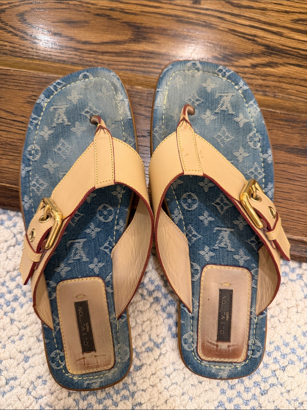 Louis Vuitton Denim Monogram and Beige Leather Buckle Sandals